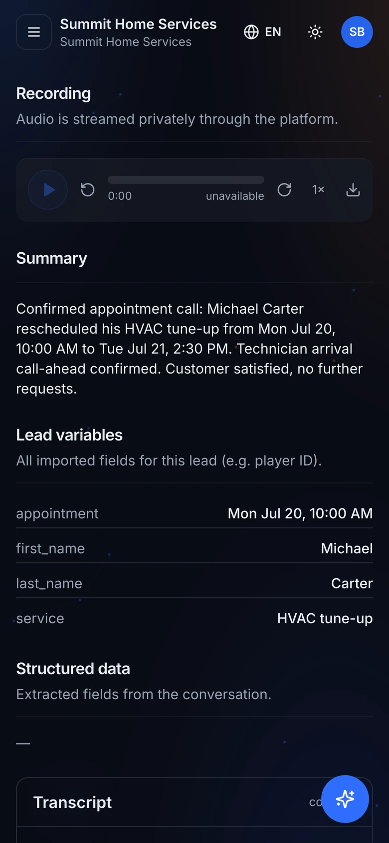 Call detail with transcript on a phone